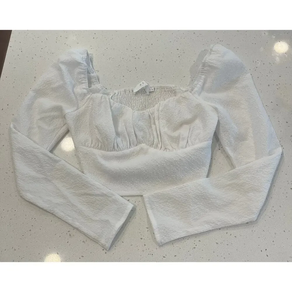 ASTR The Label Sweetheart Neck Ruched Crop Top Puff Sleeve White Small‎